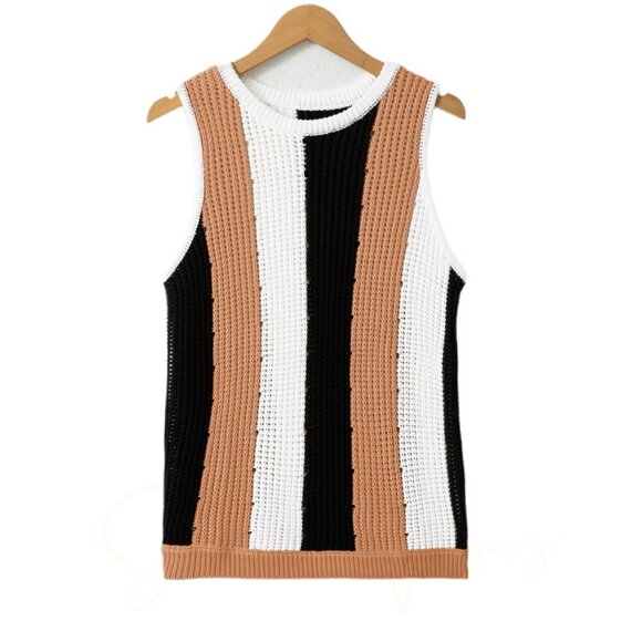 🧶 Khaki Colorblock Striped Knit Sweater Vest – Size L & XL - Picture 3 of 7